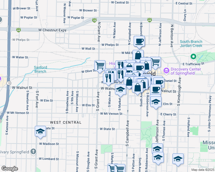 map of restaurants, bars, coffee shops, grocery stores, and more near 535 West Walnut Street in Springfield