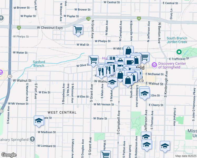 map of restaurants, bars, coffee shops, grocery stores, and more near 535 West Walnut Street in Springfield