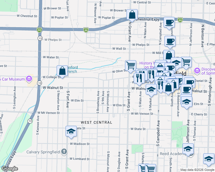 map of restaurants, bars, coffee shops, grocery stores, and more near 831 West Walnut Street in Springfield