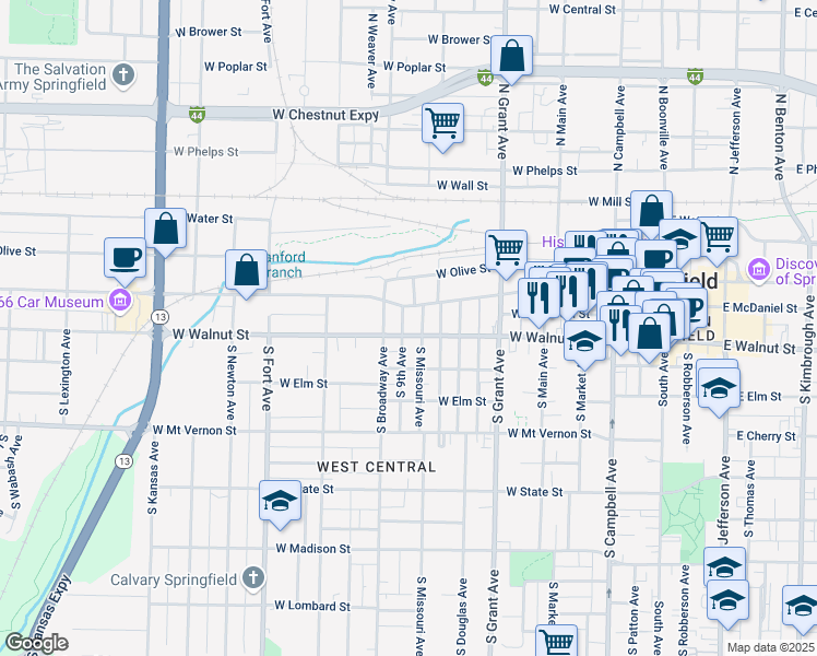 map of restaurants, bars, coffee shops, grocery stores, and more near 933 West Walnut Street in Springfield