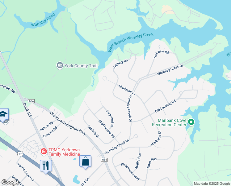 map of restaurants, bars, coffee shops, grocery stores, and more near 111 Artillery Road in Yorktown