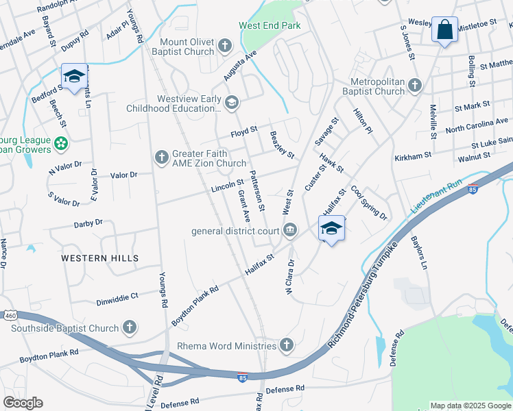 map of restaurants, bars, coffee shops, grocery stores, and more near 1300 Patterson Street in Petersburg