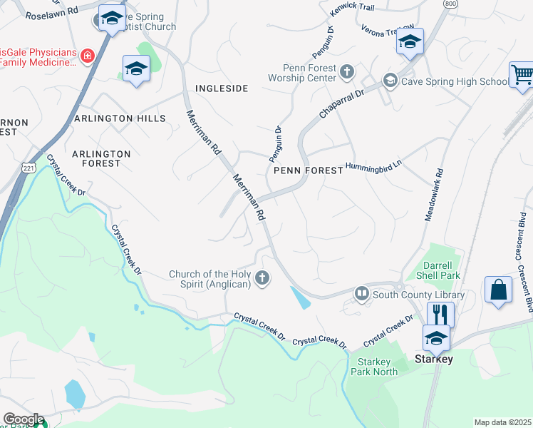 map of restaurants, bars, coffee shops, grocery stores, and more near 5932 Merriman Road in Cave Spring