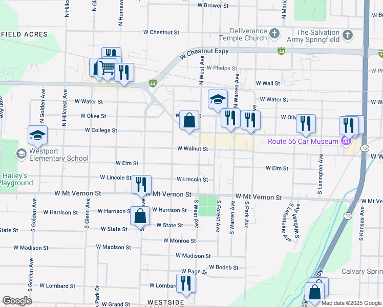 map of restaurants, bars, coffee shops, grocery stores, and more near 2526 West Walnut Street in Springfield