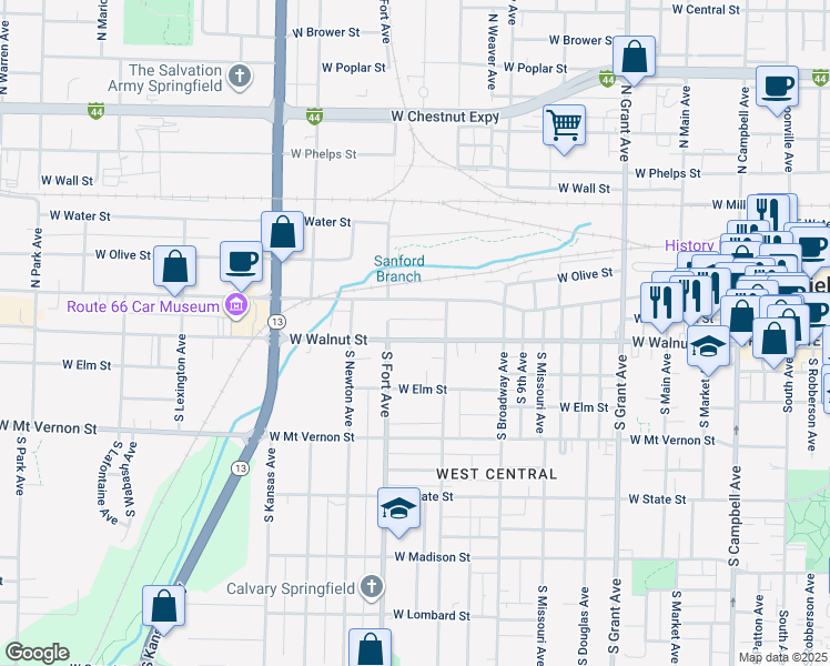 map of restaurants, bars, coffee shops, grocery stores, and more near 1221 West Walnut Street in Springfield