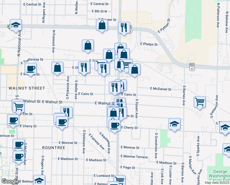 map of restaurants, bars, coffee shops, grocery stores, and more near 313 S Glenstone Ave in Springfield