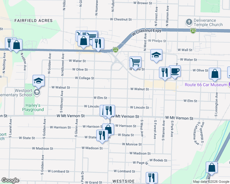 map of restaurants, bars, coffee shops, grocery stores, and more near 2646 West Walnut Street in Springfield