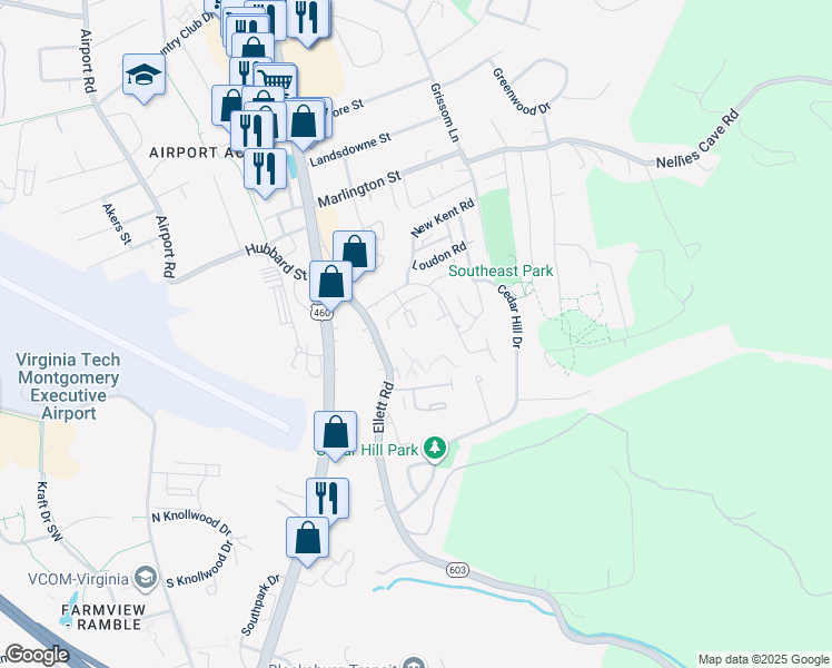 map of restaurants, bars, coffee shops, grocery stores, and more near 1790 Liberty Lane in Blacksburg