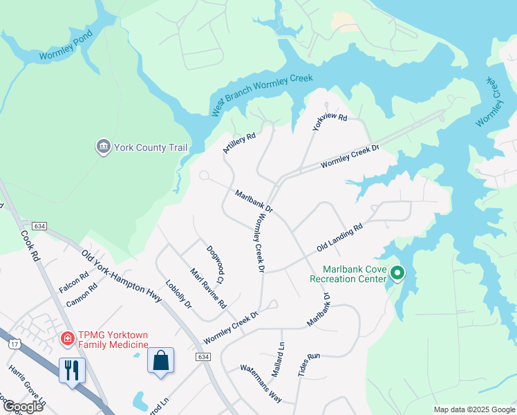 map of restaurants, bars, coffee shops, grocery stores, and more near 209 Marlbank Drive in Yorktown