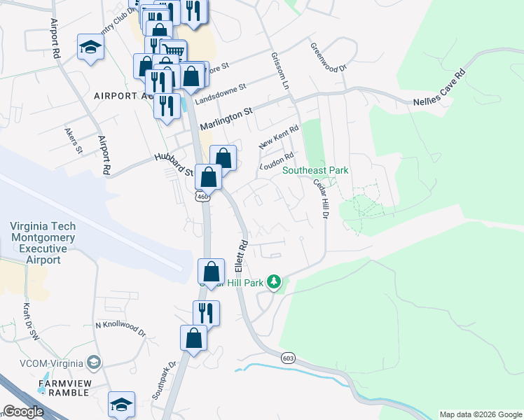map of restaurants, bars, coffee shops, grocery stores, and more near 1790 Liberty Lane in Blacksburg