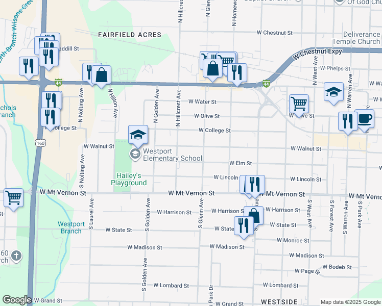 map of restaurants, bars, coffee shops, grocery stores, and more near 2924 West Walnut Street in Springfield