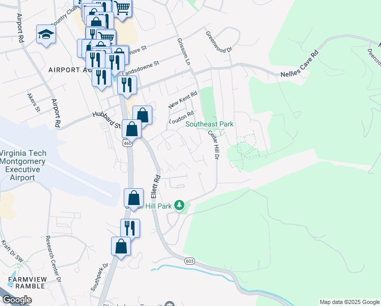 map of restaurants, bars, coffee shops, grocery stores, and more near 465 Fairfax Road in Blacksburg