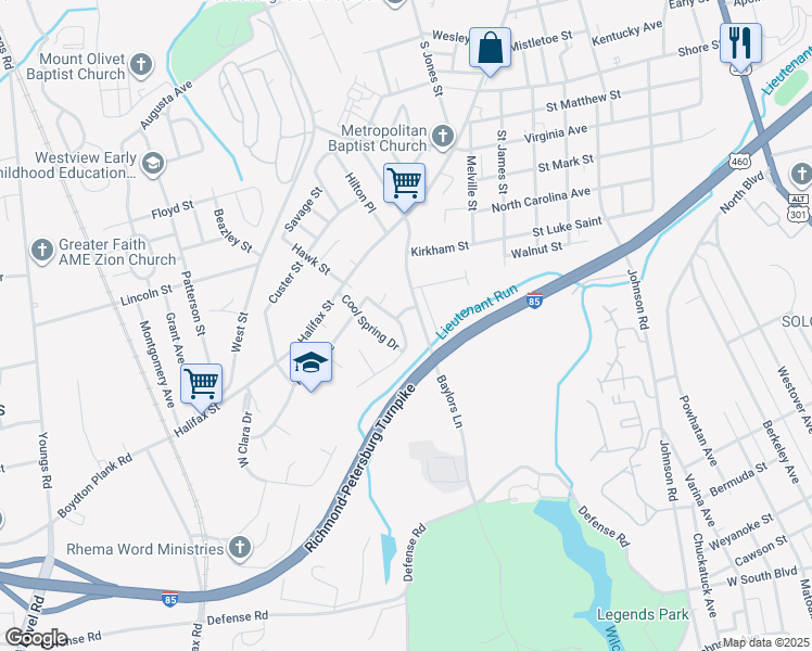 map of restaurants, bars, coffee shops, grocery stores, and more near 917 Hillside Drive in Petersburg