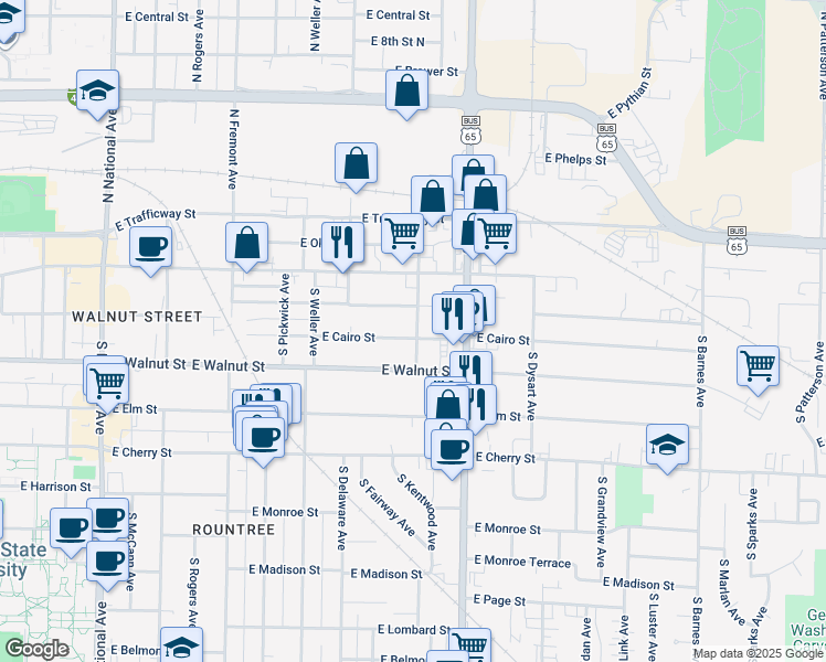 map of restaurants, bars, coffee shops, grocery stores, and more near 1673 East Cairo Street in Springfield