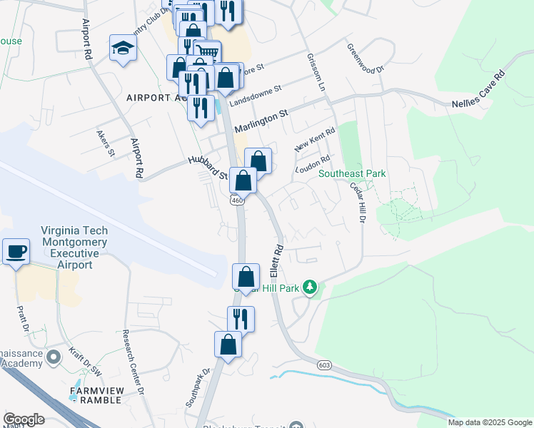 map of restaurants, bars, coffee shops, grocery stores, and more near 208 Virginia 603 in Blacksburg