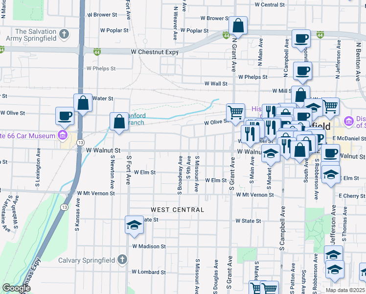 map of restaurants, bars, coffee shops, grocery stores, and more near 933 West Walnut Street in Springfield