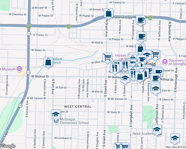 map of restaurants, bars, coffee shops, grocery stores, and more near 831 West Walnut Street in Springfield