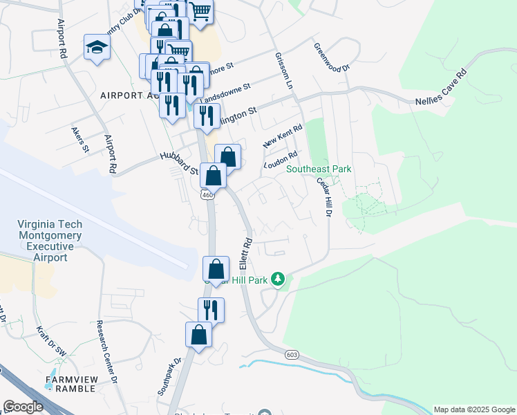 map of restaurants, bars, coffee shops, grocery stores, and more near 1790 Liberty Lane in Blacksburg