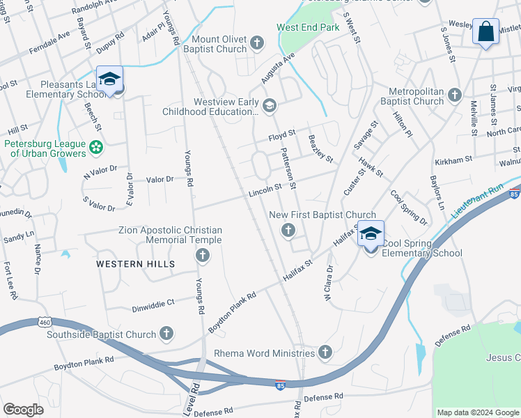 map of restaurants, bars, coffee shops, grocery stores, and more near 1226 Montgomery Avenue in Petersburg