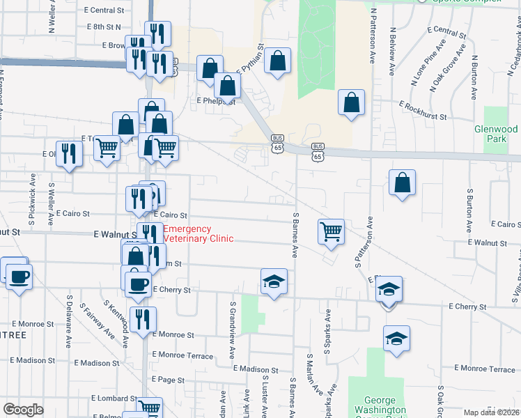 map of restaurants, bars, coffee shops, grocery stores, and more near 2106 East McDaniel Street in Springfield