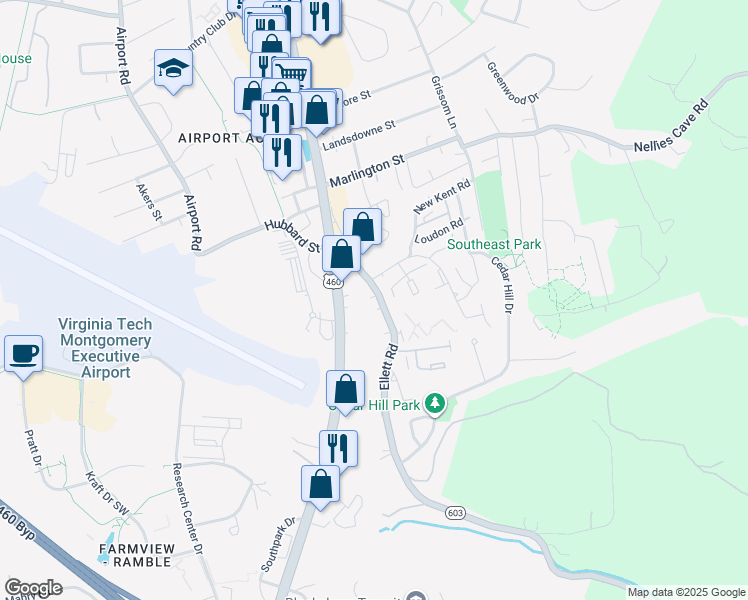 map of restaurants, bars, coffee shops, grocery stores, and more near 208 Virginia 603 in Blacksburg