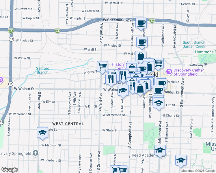 map of restaurants, bars, coffee shops, grocery stores, and more near 535 West Walnut Street in Springfield