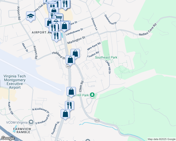 map of restaurants, bars, coffee shops, grocery stores, and more near 1790 Liberty Lane in Blacksburg