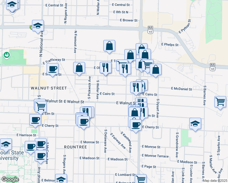 map of restaurants, bars, coffee shops, grocery stores, and more near 1627 East Cairo Street in Springfield