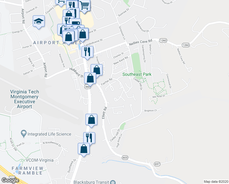 map of restaurants, bars, coffee shops, grocery stores, and more near 1790 Liberty Lane in Blacksburg