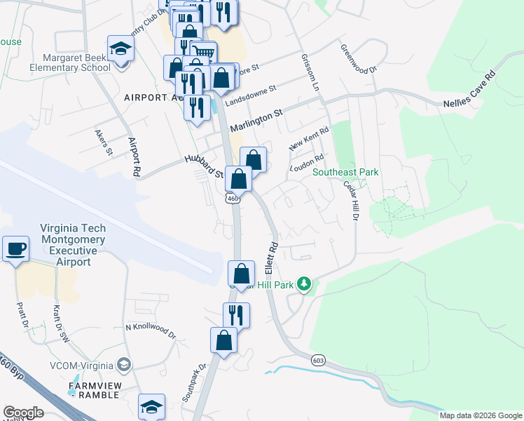 map of restaurants, bars, coffee shops, grocery stores, and more near 208 Virginia 603 in Blacksburg