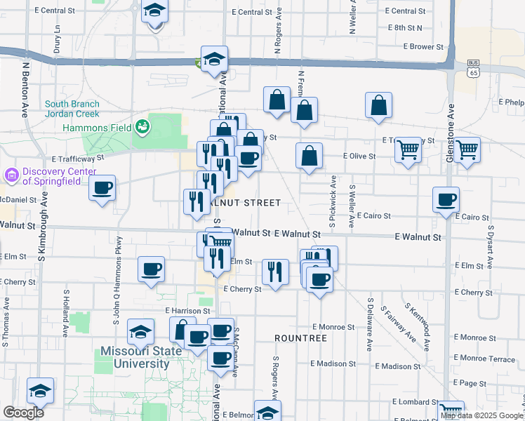 map of restaurants, bars, coffee shops, grocery stores, and more near 1312 East McDaniel Street in Springfield