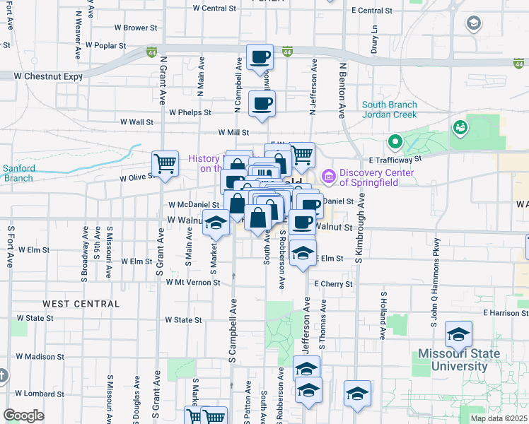 map of restaurants, bars, coffee shops, grocery stores, and more near in Springfield