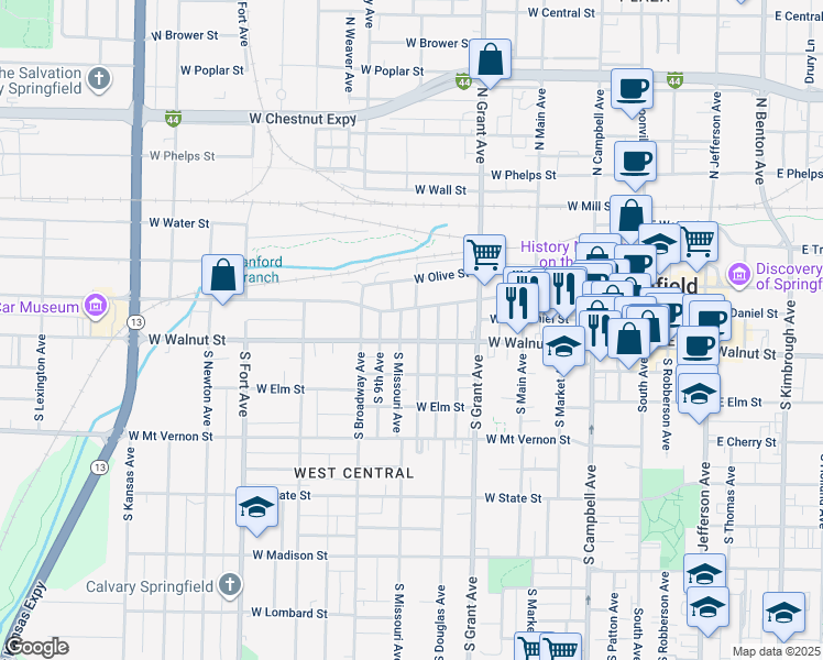 map of restaurants, bars, coffee shops, grocery stores, and more near 831 West Walnut Street in Springfield