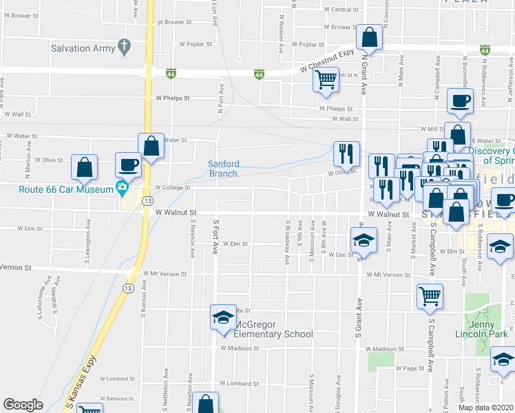 map of restaurants, bars, coffee shops, grocery stores, and more near 1107 West Walnut Street in Springfield