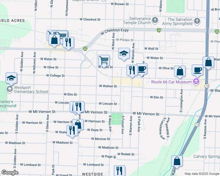 map of restaurants, bars, coffee shops, grocery stores, and more near 2526 West Walnut Street in Springfield