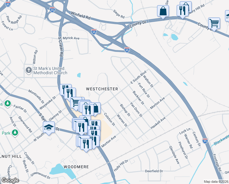 map of restaurants, bars, coffee shops, grocery stores, and more near 1934 Bishop Street in Petersburg