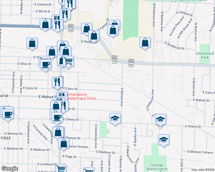 map of restaurants, bars, coffee shops, grocery stores, and more near 2106 East McDaniel Street in Springfield