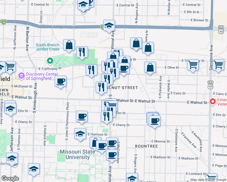 map of restaurants, bars, coffee shops, grocery stores, and more near 323 South National Avenue in Springfield