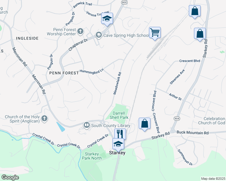 map of restaurants, bars, coffee shops, grocery stores, and more near 3837 Meadowlark Road in Cave Spring