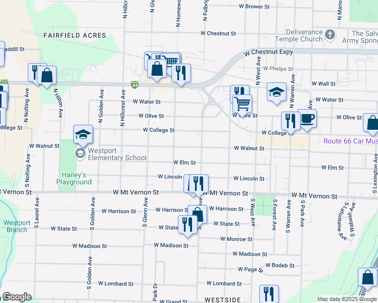map of restaurants, bars, coffee shops, grocery stores, and more near 2724 West Walnut Street in Springfield