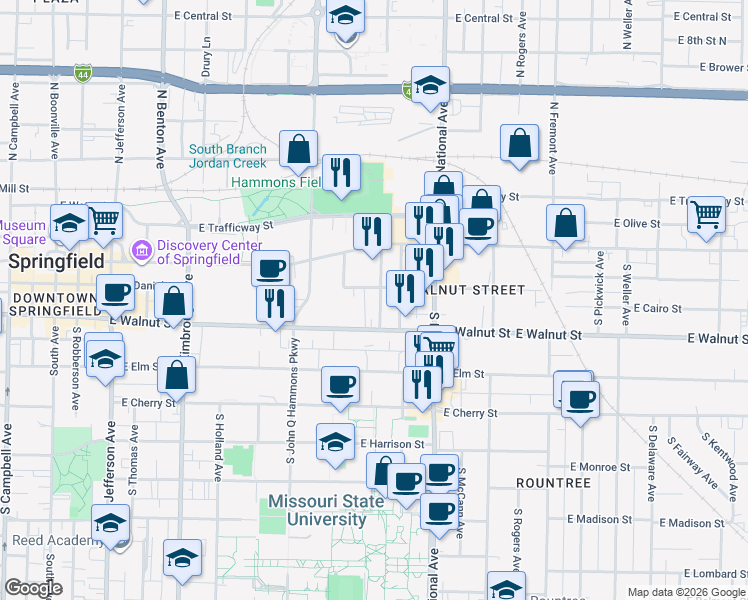 map of restaurants, bars, coffee shops, grocery stores, and more near 319 South Hampton Avenue in Springfield