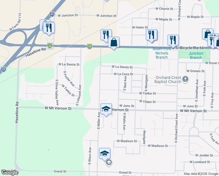 map of restaurants, bars, coffee shops, grocery stores, and more near 4530 West Tarkio Street in Springfield