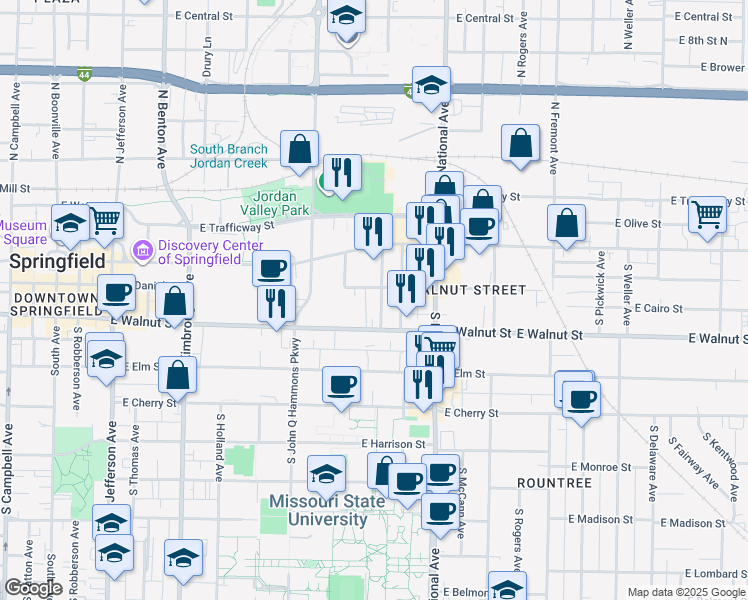 map of restaurants, bars, coffee shops, grocery stores, and more near 311 South Hampton Avenue in Springfield