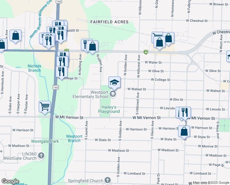 map of restaurants, bars, coffee shops, grocery stores, and more near 415 South Golden Avenue in Springfield