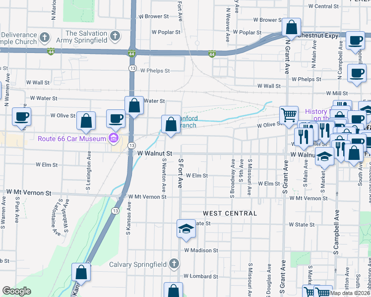 map of restaurants, bars, coffee shops, grocery stores, and more near 1221 West Walnut Street in Springfield