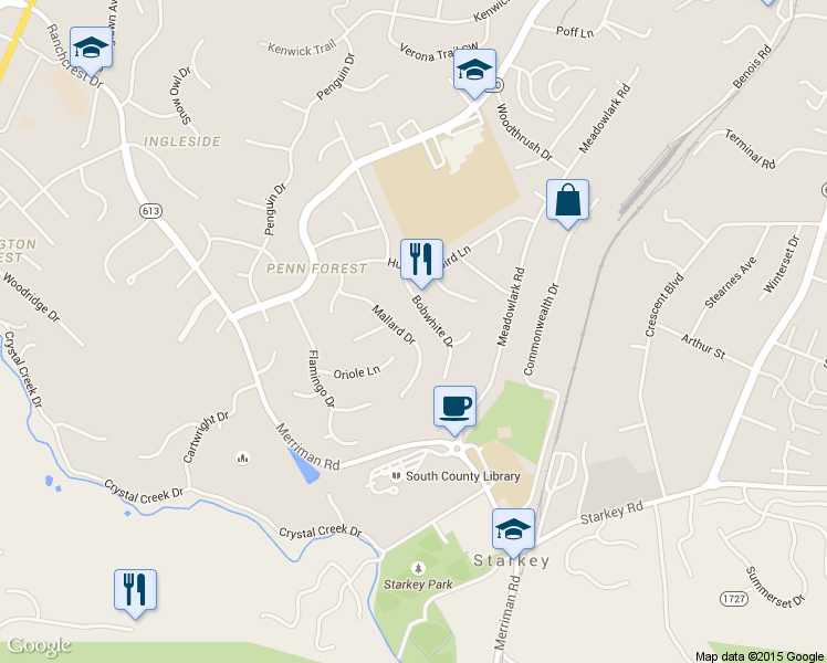 map of restaurants, bars, coffee shops, grocery stores, and more near 2657 Mallard Dr in Roanoke