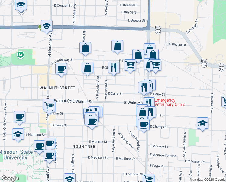 map of restaurants, bars, coffee shops, grocery stores, and more near 1521 East Cairo Street in Springfield