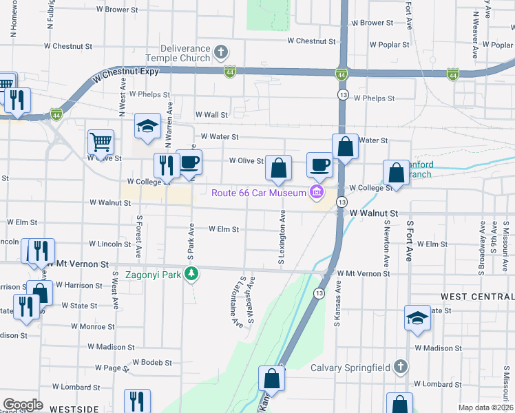 map of restaurants, bars, coffee shops, grocery stores, and more near 2000 West Walnut Street in Springfield