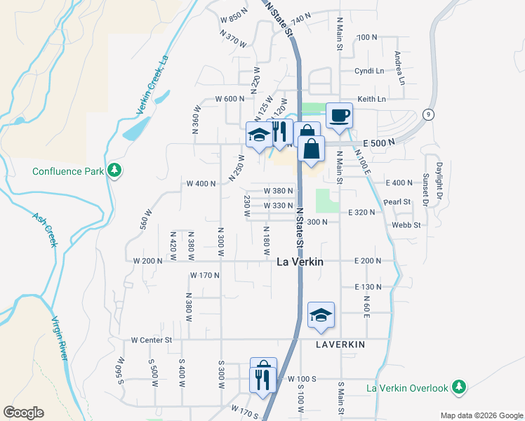 map of restaurants, bars, coffee shops, grocery stores, and more near 181 West 330 North in La Verkin