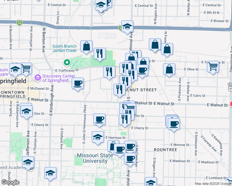 map of restaurants, bars, coffee shops, grocery stores, and more near 311 South Florence Avenue in Springfield